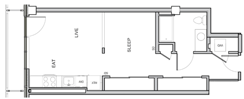 Floor plan for 1 bed, 1 bath, 568 sqft
